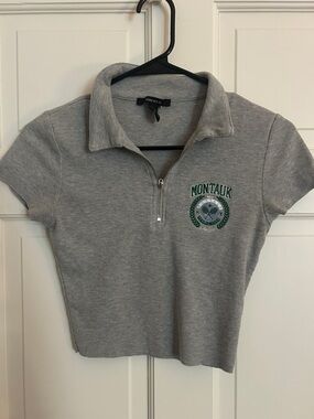 Forever 21 Grey Cropped Zip Polo with Green Embroidery